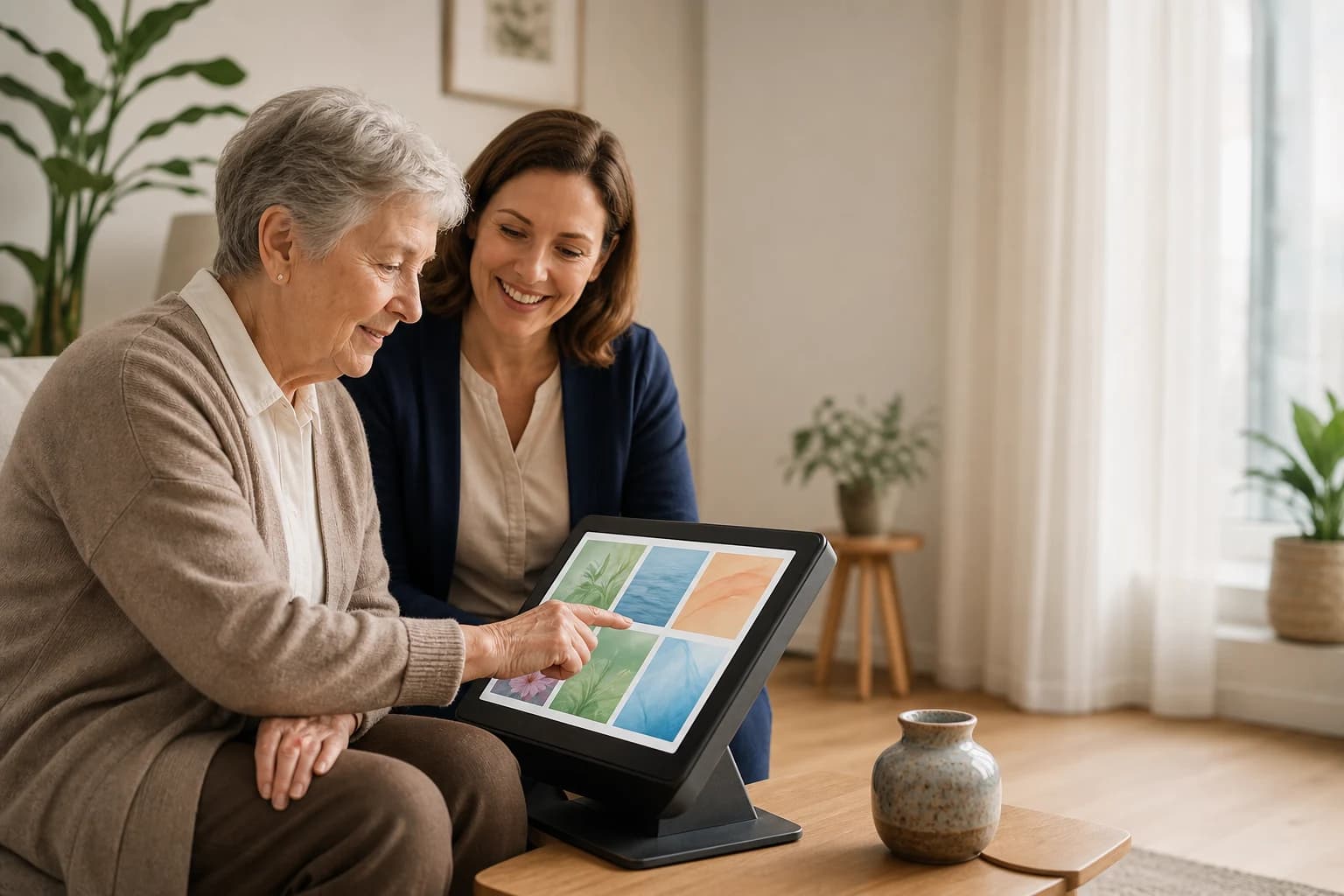 A warm, dignified documentary-style photograph of an older adult sitting together with a care worker in a simple, modest Dutch living room, both engaged and smiling while using a large touchscreen activity device. Soft natural window light, genuine human connection, respectful and non-stereotypical depiction of everyday care. Shallow depth of field, warm tones. No readable text or logos on the screen. Landscape composition suitable for a blog hero banner.